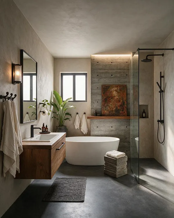A Brutalist-style master bathroom with smooth concrete walls and floor, a floating wood vanity with a white sink, a freestanding oval bathtub, and a glass shower enclosure. Black fixtures, a wall mirror, soft towels, a large potted plant, and warm accent lighting add contrast to the otherwise raw, minimal space.