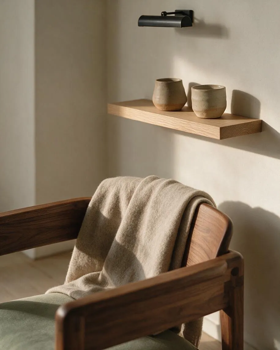 A serene Japandi-style corner with a wooden armchair draped in a soft beige throw, set against a light plaster wall. Above it, a slim floating oak shelf holds two small ceramic cups beneath a black wall sconce, all lit by warm natural sunlight.