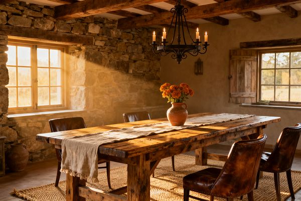 A rustic dining room with rough stone walls and exposed timber beams centers on a thick reclaimed-wood farmhouse table topped with a linen runner and a terracotta vase of orange flowers. Distressed leather chairs, a woven jute rug, wood-shuttered windows, and a wrought-iron candle chandelier are illuminated by warm late-afternoon sunlight streaming through divided-light windows, casting a golden glow across the space.