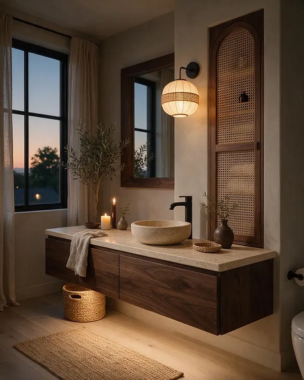 A serene powder room with a floating dark wood vanity, a light stone countertop, and a rounded vessel sink. The space includes a woven cane cabinet door, black faucet, warm wall sconce, large mirror, sheer curtains, a woven basket, candles, and natural textures in a soft neutral palette.