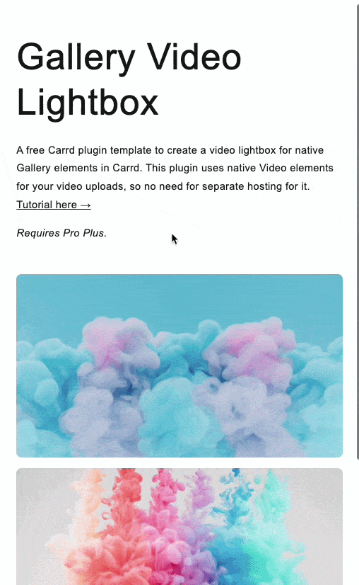 Screenshot of the Gallery Video Lightbox plugin page by Carrd, featuring an embedded video demo, installation instructions, and update notes.