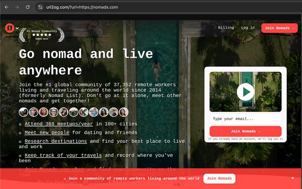 The image displays a webpage promoting a community for remote workers and digital nomads.