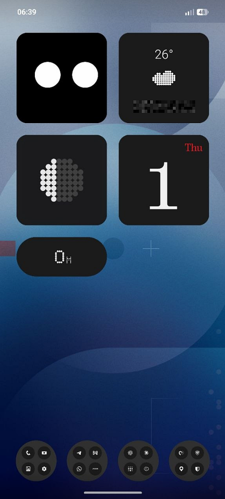 A smartphone home screen with monochrome minimalist widgets and app icons against a blue abstract background showing the time as 6:39.