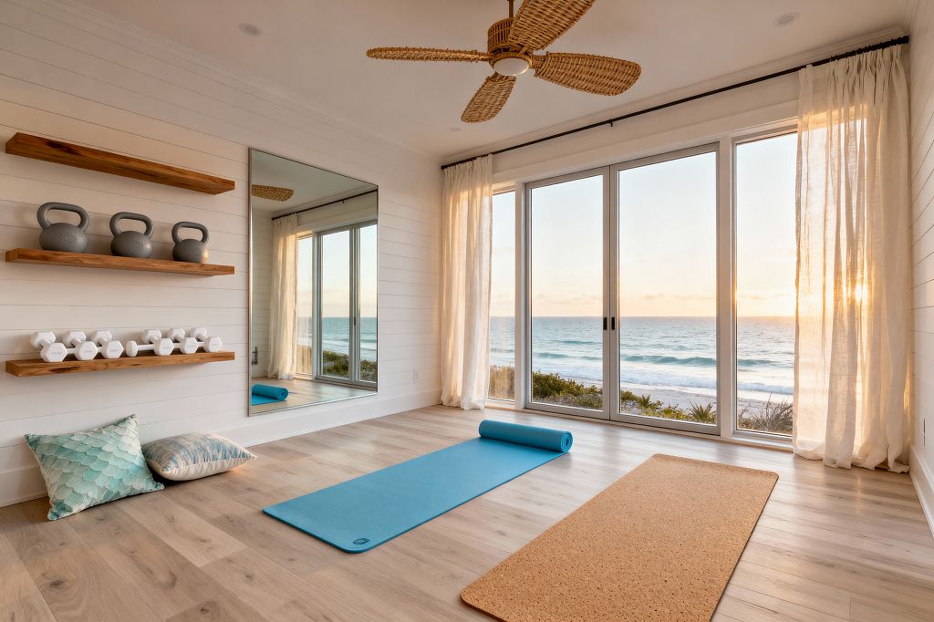 A serene home gym overlooks the ocean through wall-wide sliding glass doors with sheer linen curtains. White shiplap walls, a large floor mirror, and pale oak floors create an airy feel, while live-edge wood shelves display gray kettlebells and white hex dumbbells. A woven rattan ceiling fan and two yoga mats—one cork, one sky blue—anchor a calm, coastal space for stretching and light strength work.
