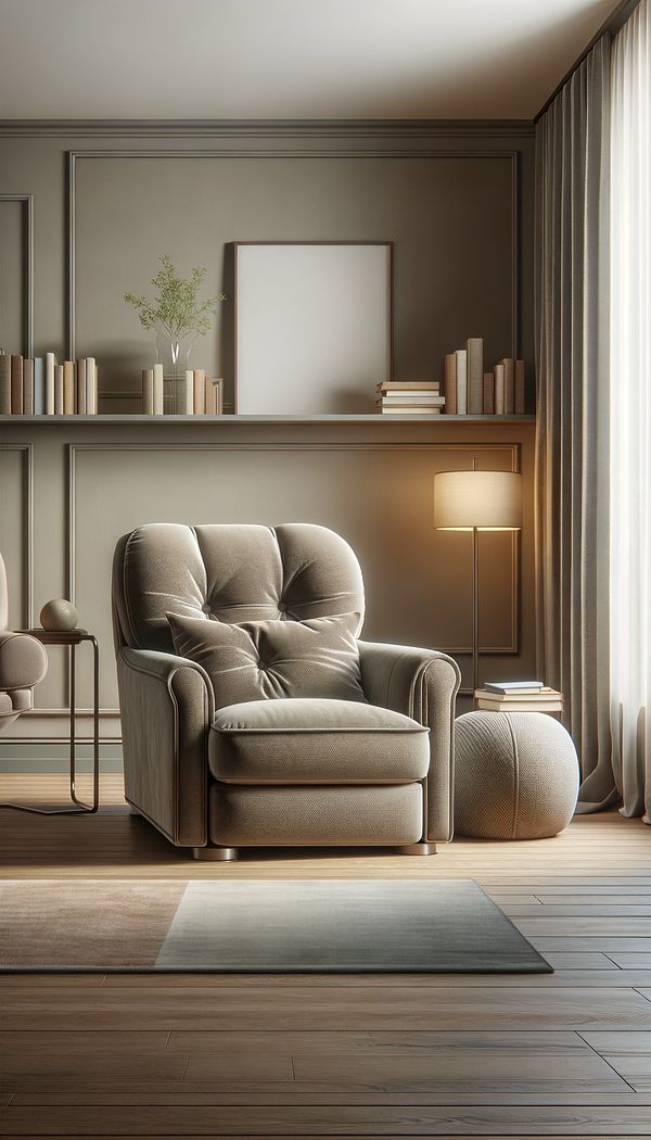 a plush, upholstered club chair positioned in a stylish and cozy reading nook within a living room, showcasing its deep seating and substantial armrests