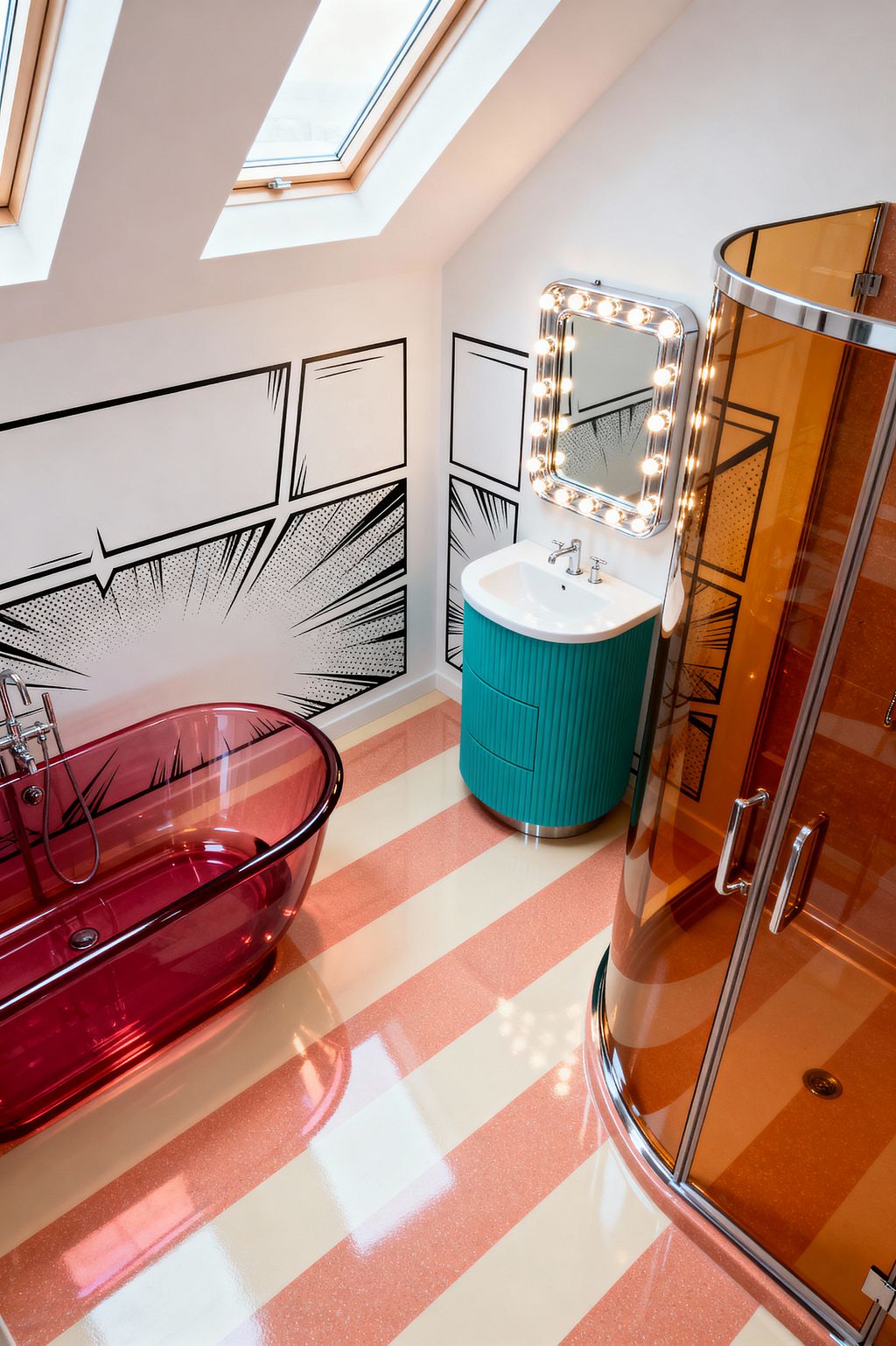 A loft bathroom with a sloped ceiling and skylights features black-and-white comic-strip graphics on white walls, a translucent magenta freestanding acrylic tub with chrome filler, and a corner shower enclosed in amber-tinted glass with chrome framing. A teal fluted vanity with a white basin sits beneath a chrome marquee mirror ringed with bulbs, while a glossy floor in wide peach and cream stripes reflects abundant light for a bold Pop Art look.