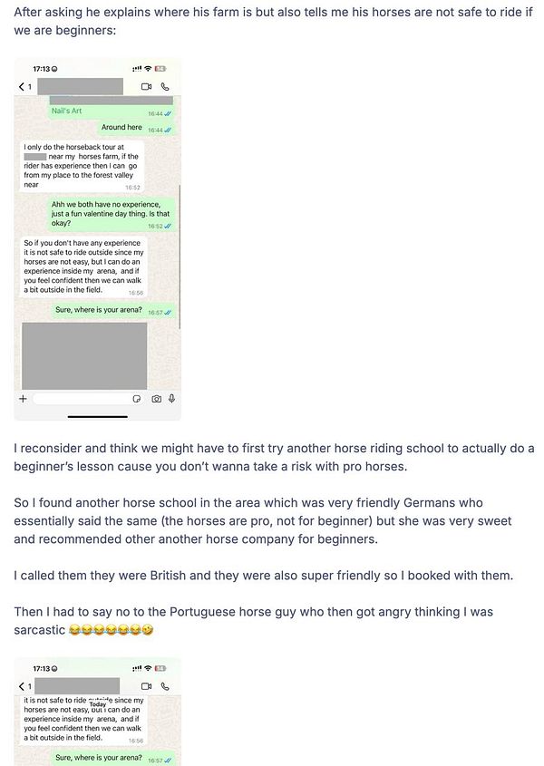 A conversation about booking a horse riding lesson for beginners, highlighting safety concerns and alternative options.