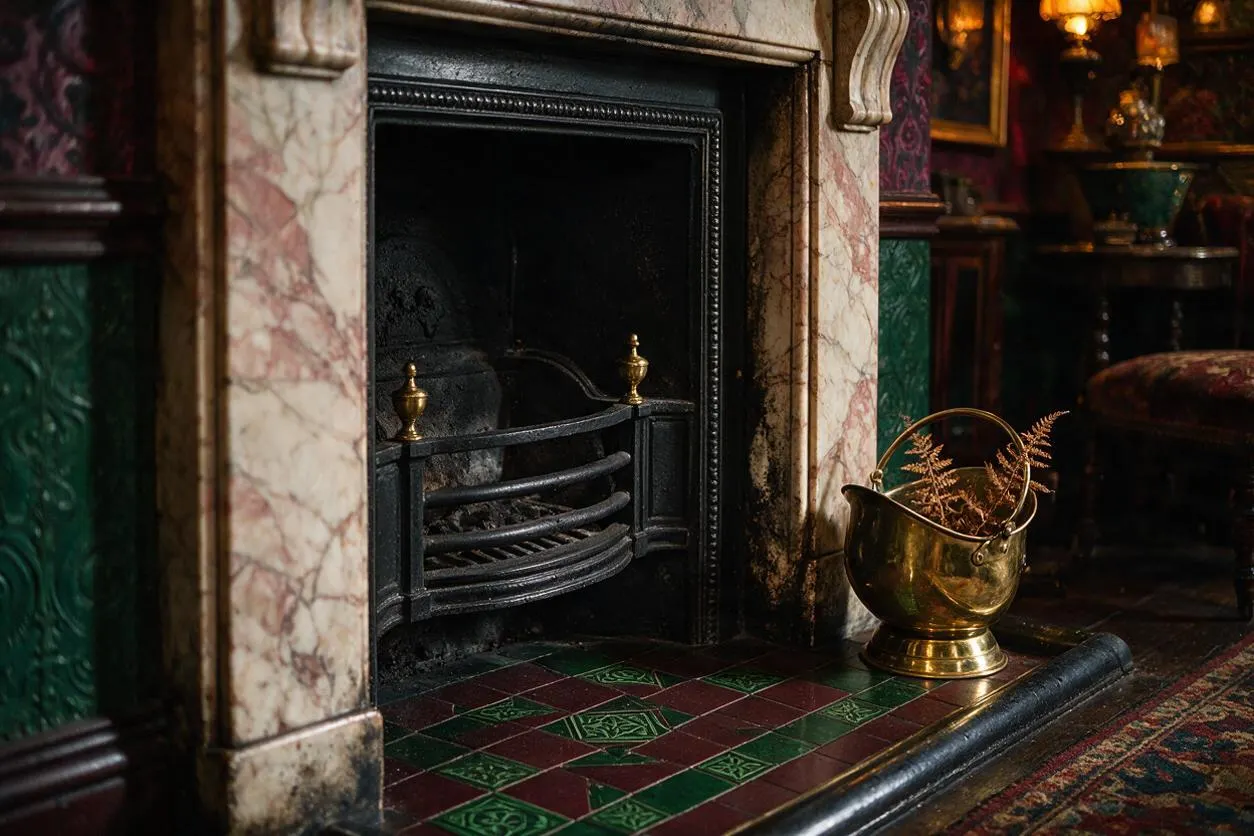 A richly detailed Victorian fireplace with a dark cast-iron insert, veined marble surround, and a small tiled hearth in burgundy and green. A polished brass coal scuttle with dried ferns sits beside the mantel, adding warmth to the moody, elegant room.