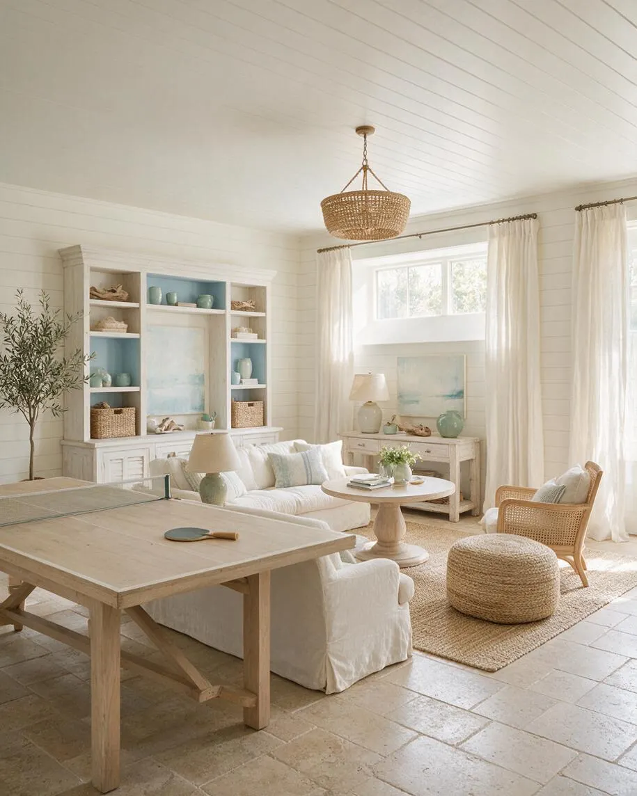 A bright coastal-style game room with a light wood ping-pong table in the foreground, a white slipcovered sofa, woven rattan chair and ottoman, and a round pedestal coffee table. Built-in shelving, sheer curtains, and a woven pendant light add breezy, natural texture to the soft cream and pale blue space.