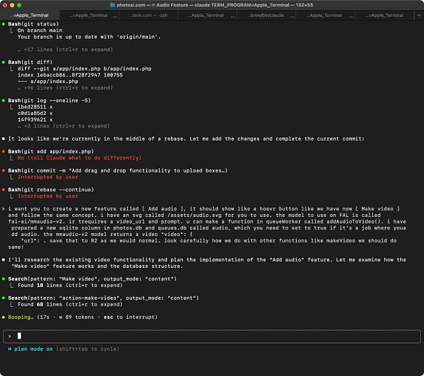 The image displays a terminal window showing a series of Git commands and discussions about adding an audio feature to a video application.