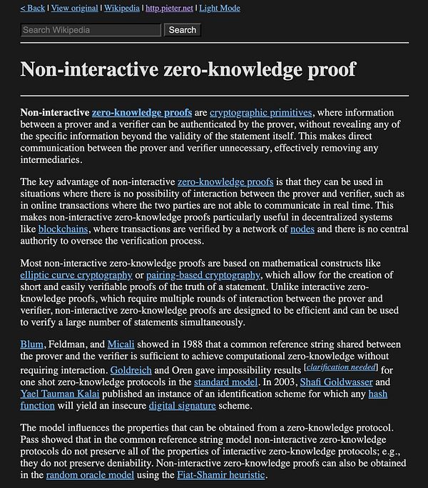 Screenshot of a Wikipedia search results page for 'zk snark'.