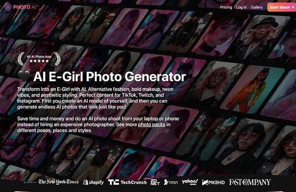 The image promotes an AI E-Girl Photo Generator app with a vibrant collage of AI-generated photos.