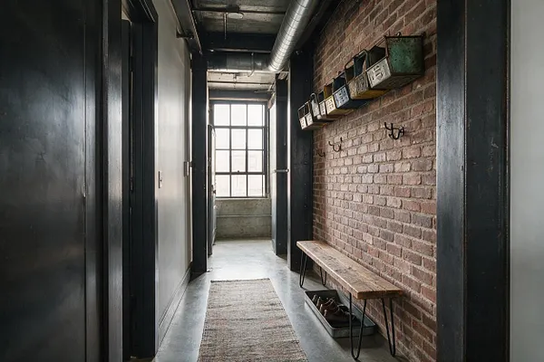 A narrow industrial-style entryway with exposed red brick on one wall, black-painted trim and doors, and a long rustic wooden bench with metal legs. Small mounted storage bins and hooks line the brick wall, while a runner rug leads toward a bright window at the end of the hall.