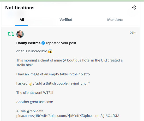 A notification interface displays a repost from Danny Postma discussing a creative use of AI in a Trello task.