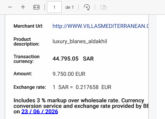 Screenshot of a Google Chrome browser displaying a €20,000 villa booking email conversation with a confirmation for payment transfer.