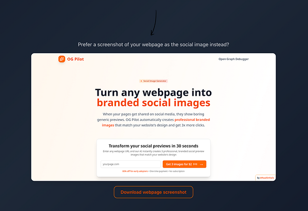 The image displays a webpage for OG Pilot, a tool for generating branded social images from any webpage.