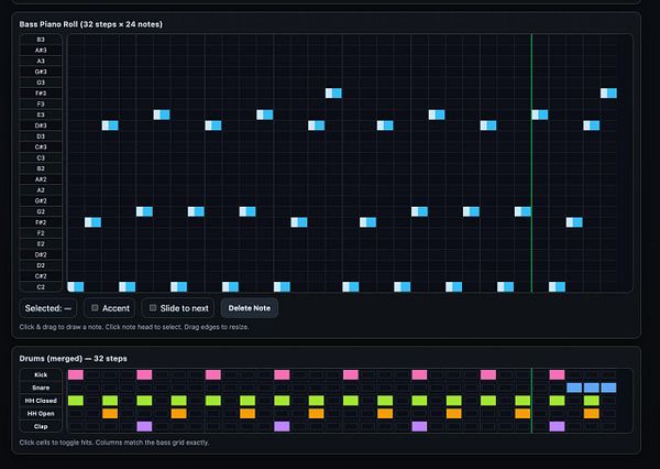 The image displays a digital music composition interface featuring a bass piano roll and a drum pattern grid.