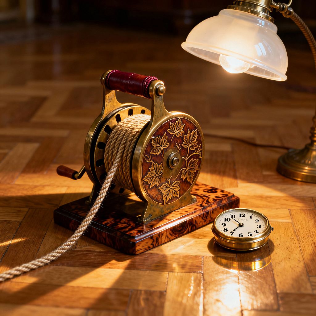 Close-up of a Victorian-style home gym vignette on a herringbone wood floor. A compact rope trainer made of brass and dark-stained wood, decorated with leaf motifs and a leather-wrapped handle, feeds a thick braided beige rope. Beside it, a brass table lamp with a glowing frosted dome shade illuminates a small round brass-rimmed clock. The scene highlights polished surfaces, warm tones, and antique finishes.