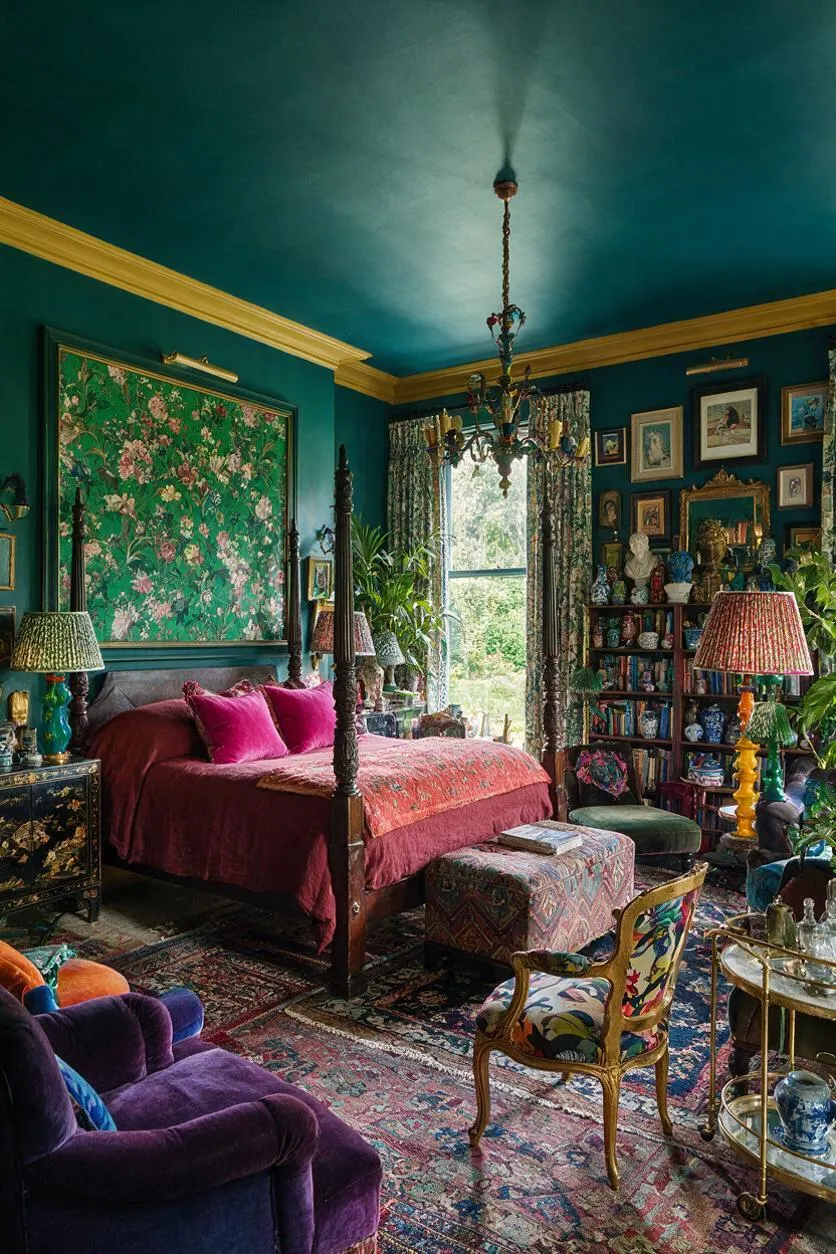 A richly decorated guest bedroom with teal walls and ceiling, gold trim, a four-poster bed dressed in deep burgundy and pink bedding, and a large floral wall panel behind the headboard. The room is filled with patterned rugs, framed artwork, bookshelves, vintage lamps, potted plants, and an eclectic mix of velvet and upholstered seating.