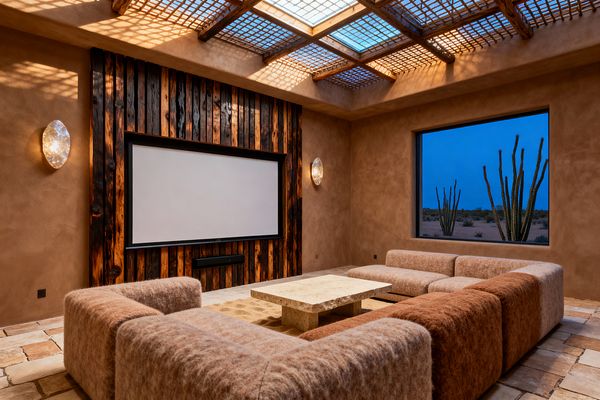 A Southwestern-style media room shows a U-shaped low sofa in rust and sand tones surrounding a travertine slab coffee table, all facing a large wall-mounted projection screen set into vertical charred-wood planks with a slim soundbar beneath. Earthen plaster walls, tumbled stone floors, a beam-and-lattice ceiling with skylights, glowing translucent sconces, and a picture window to a cactus-dotted desert create warm, patterned light.