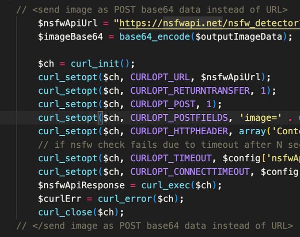 The image displays a code snippet for sending an image as base64 data using cURL in PHP.