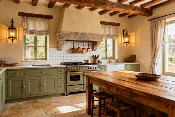 Warm French Country kitchen with exposed timber beams, cream plaster walls, and sage green Shaker cabinets with brass knobs. A white farmhouse sink and brass bridge faucet sit beside an enamel range with brass trim beneath a carved stone hood. White square tile backsplash holds a rail of copper pots. A reclaimed wood island with rush stools stands on tumbled limestone flooring. Linen curtains and lantern wall sconces frame green-painted windows in natural light.