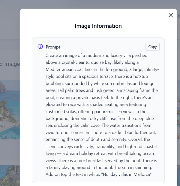 Screenshot of a UI for property description generation with a 'Copy prompt' feature and chat interaction.