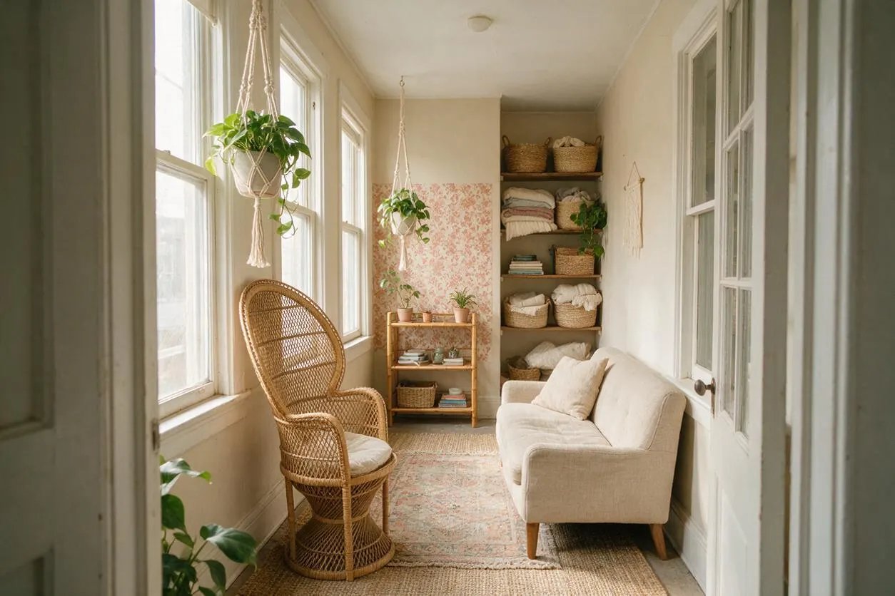 A narrow sunroom with large windows on the left, a cream sofa on the right, and a tall wicker chair near the center. Hanging macrame planters, woven storage baskets, a small wood shelf, and a soft floral wallpaper panel create a relaxed bohemian feel.