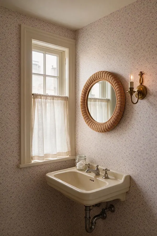 A small cottagecore powder room with tiny floral wallpaper, a cream porcelain wall-mounted sink, and a round wicker-framed mirror. A brass sconce glows beside a narrow window dressed with a sheer cafe curtain, adding a warm, vintage feel.