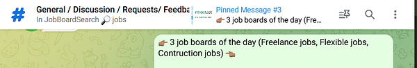 The image displays a chat interface highlighting a pinned message about job boards.