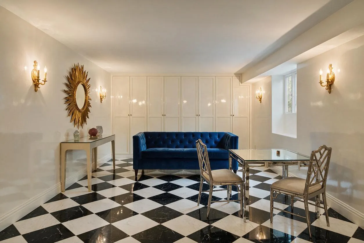 A basement lounge in Hollywood Regency style with glossy black-and-white checkered tile flooring, cream walls, and built-in white cabinets across the back wall. A deep blue velvet sofa sits centered beneath warm brass wall sconces and a gold sunburst mirror, while a glass-top table and metallic chairs add a refined, glamorous finish.
