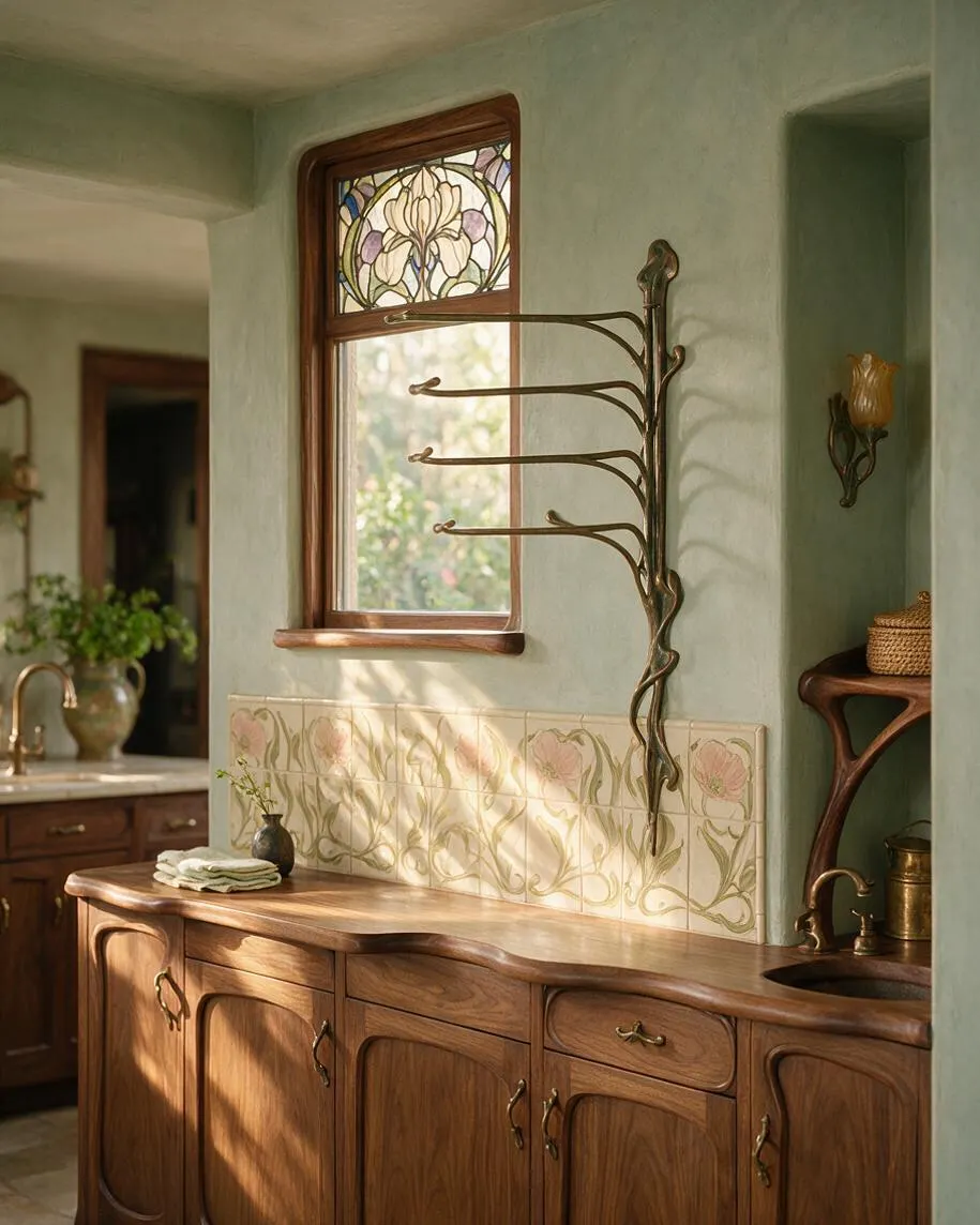 A warm laundry room with curved walnut cabinetry, a decorative tiled backsplash, and a stained-glass window featuring floral motifs. An ornate metal drying rack and brass fixtures reinforce the Art Nouveau style, while soft sage walls and natural light create a calm atmosphere.