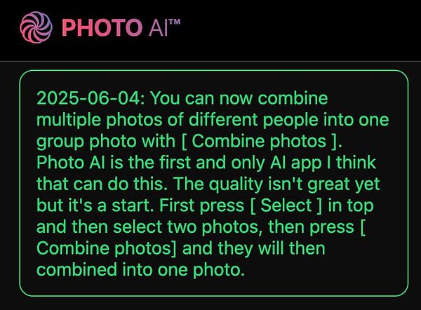 The image displays an announcement for a new feature in the Photo AI app that allows users to combine multiple photos into one group photo.