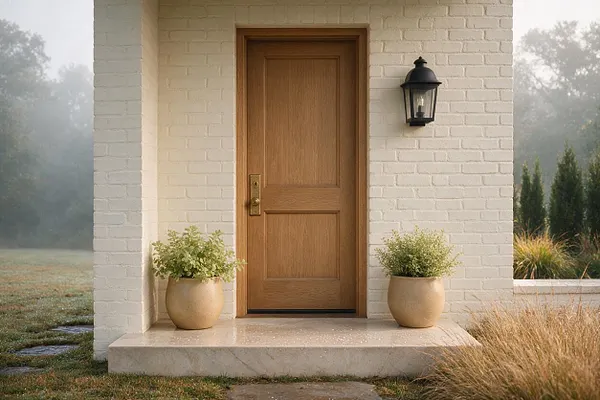 A transitional exterior entry featuring a warm wood front door set into a white painted brick wall, with a black lantern sconce mounted to the right. Two matching potted plants flank the door on a light stone threshold, while soft landscaping and misty trees create a calm, refined setting.