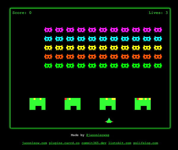 A retro-style arcade game interface featuring colorful alien sprites and a spaceship at the bottom.
