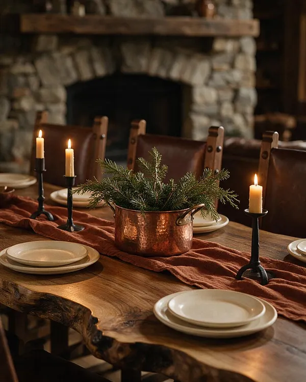 A rustic dining table is set with cream plates, black candlesticks, and a copper pot filled with evergreen branches. Behind it, leather-backed chairs sit in front of a stone fireplace, creating a warm, cozy atmosphere.