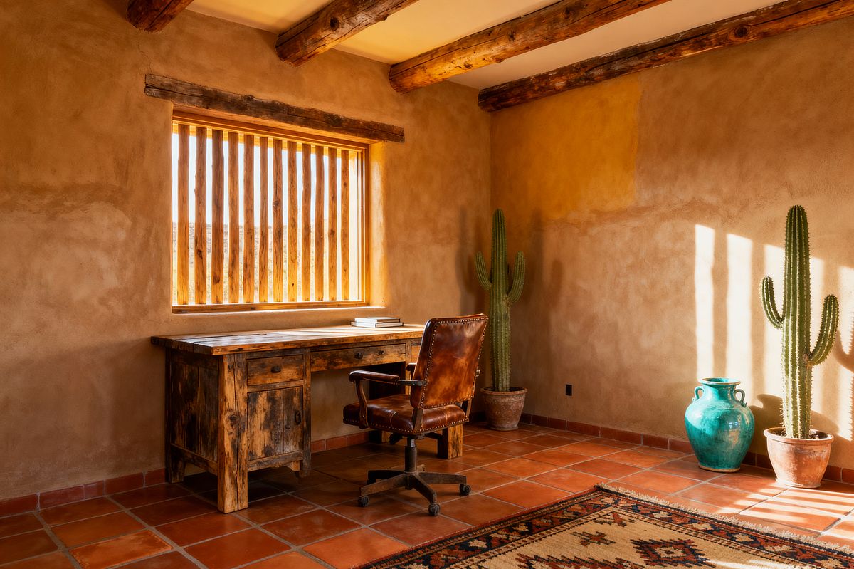 Room AI – Adobe Home Office with Rustic Wood Desk - Interior Design