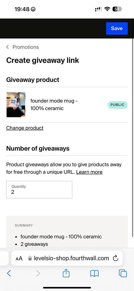 The image displays a mobile interface for creating a giveaway link for a product.