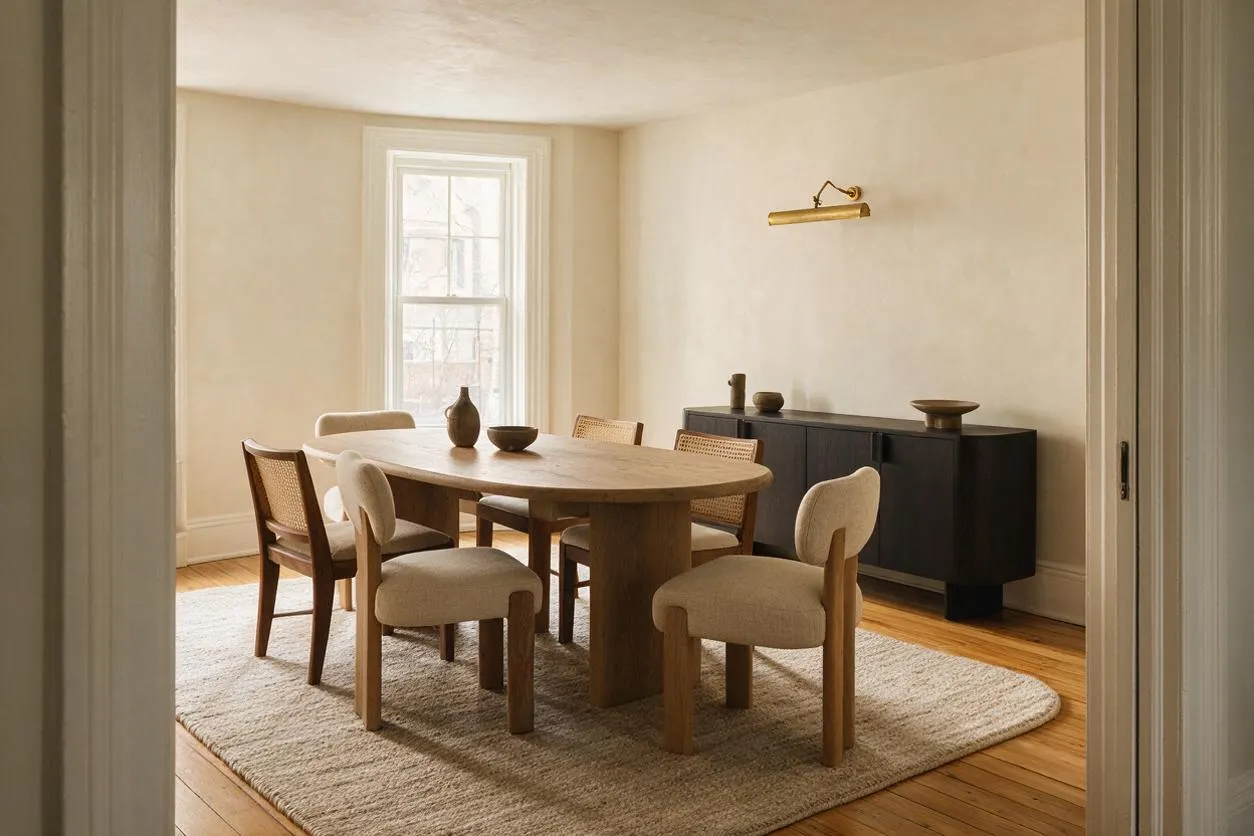 A serene dining room with a large oval oak table centered on a textured neutral rug, surrounded by mixed upholstered and cane-back dining chairs. A dark sideboard, brass picture light, and soft cream walls create a calm organic modern atmosphere with natural wood floors and filtered daylight from a tall window.