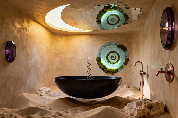 A surrealist bathroom features dunes of sand and coral-like stones around a matte black, bowl-shaped basin that appears to float, with a helical fountain rising at its center. Warm tadelakt walls hold a copper shower and faucet, amethyst-toned disc sconces, and a backlit spiral mosaic with living moss, while a crescent ceiling light and a rippled mirrored panel cast golden, dreamlike reflections.