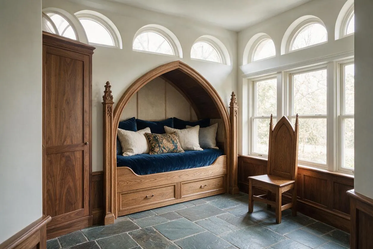 A sunroom with Gothic-inspired details features a pointed arched wooden alcove holding a cushioned daybed with blue velvet bedding and layered neutral pillows. White walls, arched clerestory windows, a stone tile floor, and wood paneling create a bright yet historic atmosphere, with a carved wooden chair and cabinet completing the space.