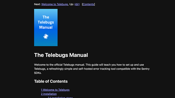 The image displays a webpage for the Telebugs Manual, featuring a title, introductory text, and a table of contents.