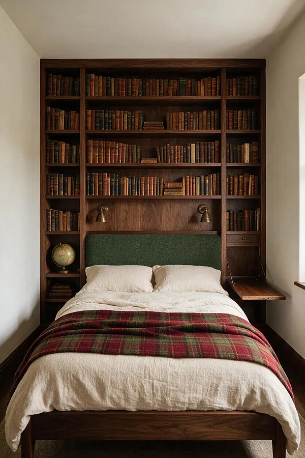 A compact bedroom centered on a wooden bed with cream bedding, a red and green plaid throw, and a dark green upholstered headboard. A floor-to-ceiling walnut bookcase fills the wall behind the bed, packed with vintage-style books and accented by brass reading lights, a globe, and a small fold-out desk.