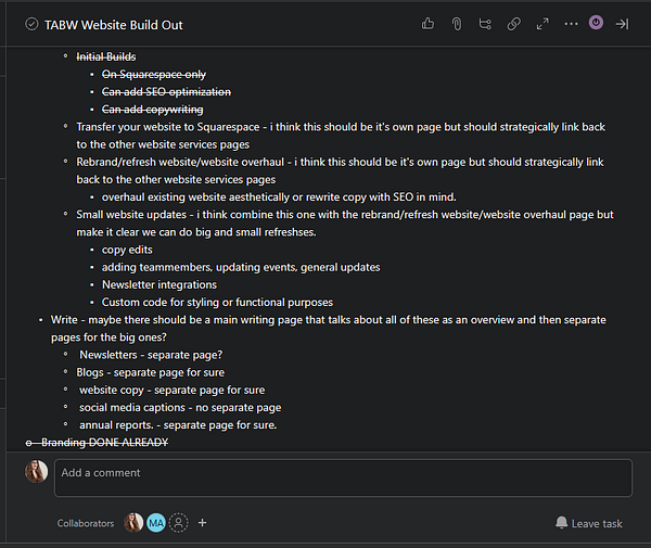 The image displays a detailed task list for a website overhaul project, focusing on SEO and content creation.