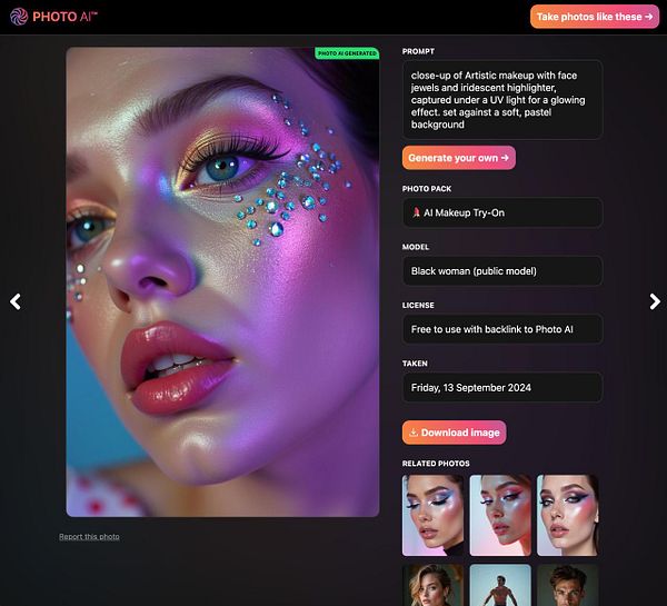 A close-up image of a model showcasing artistic makeup with face jewels and a glowing effect.