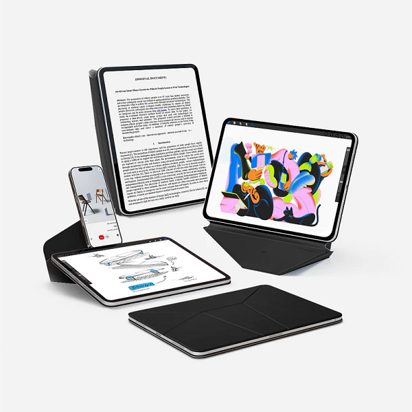 The image features the Moft Dynamic Folio with multiple devices displayed in various orientations.