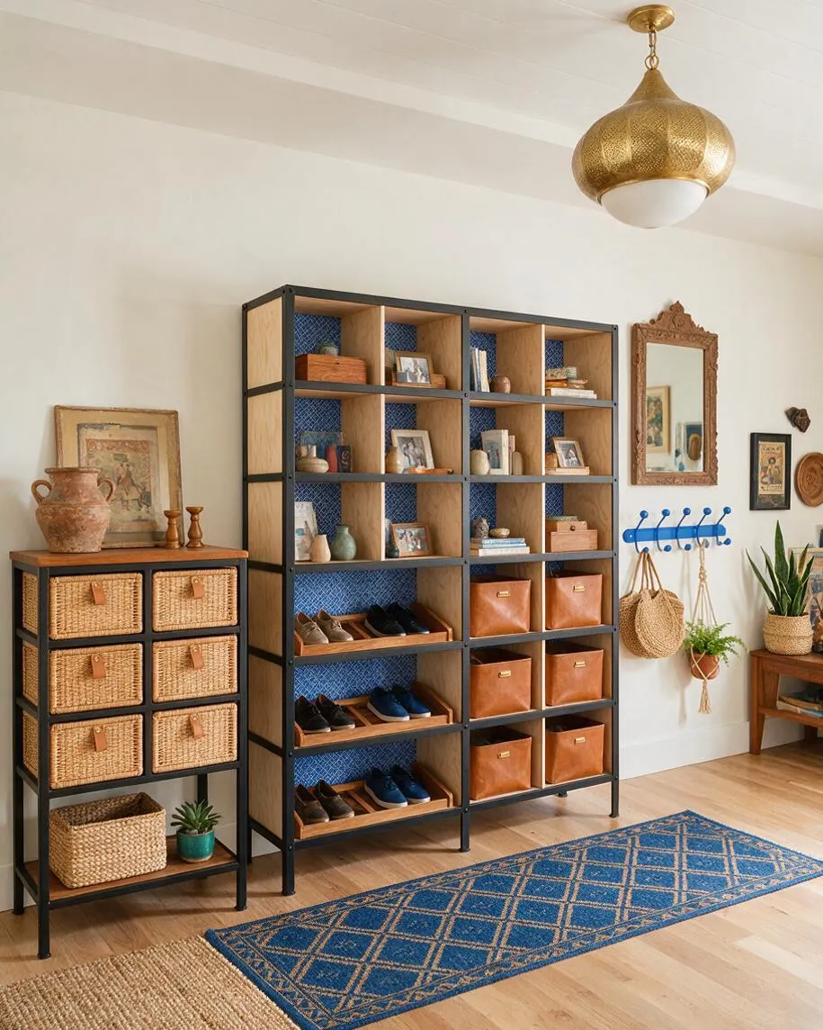 A bright eclectic mudroom with a large black-framed shelving unit filled with wood cubbies, woven baskets, leather bins, shoes, and small decor. The space also includes a blue wall rack, framed art and mirrors, a brass pendant light, a patterned blue runner, and light wood floors.