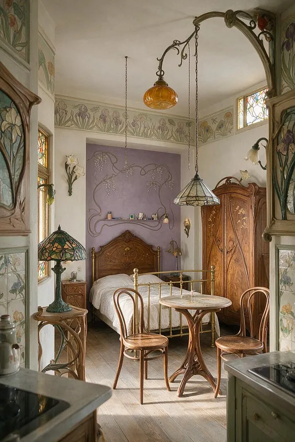 A compact Art Nouveau studio apartment with a carved wooden bed, lilac accent wall, floral mural frieze, stained-glass windows, and curving wood furniture. Hanging glass pendant lights, an ornate wardrobe, and botanical decorative details create a warm, romantic atmosphere.