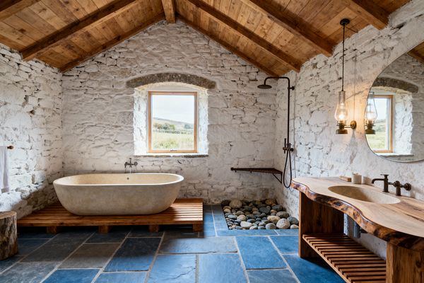 A rustic bathroom with whitewashed stone walls and a pitched ceiling of exposed wood beams. A beige limestone soaking tub sits on a slatted timber platform under a window; to the right, a live-edge wooden vanity with a stone basin is paired with lantern-style glass pendants and an open shower with exposed bronze pipework, a rainfall head, and a bed of rounded river rocks over slate flagstone flooring.