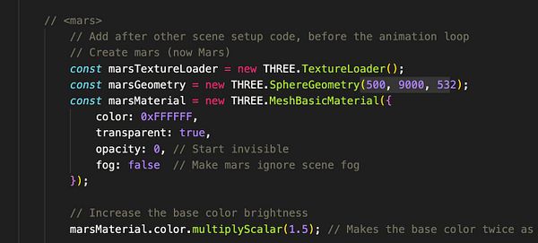 A code snippet for creating a Mars object in a 3D scene using Three.js.